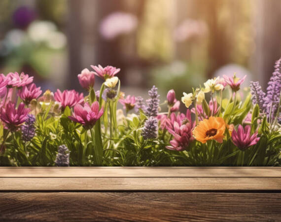 Garden flowers on wooden table background Generative AI