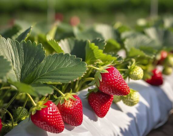 Bush of ripe organic strawberries in the garden. Berry closeup.