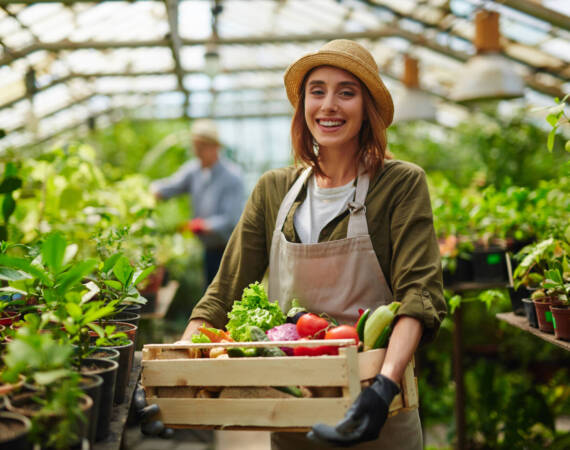 Successful gardener with ripe vegetables